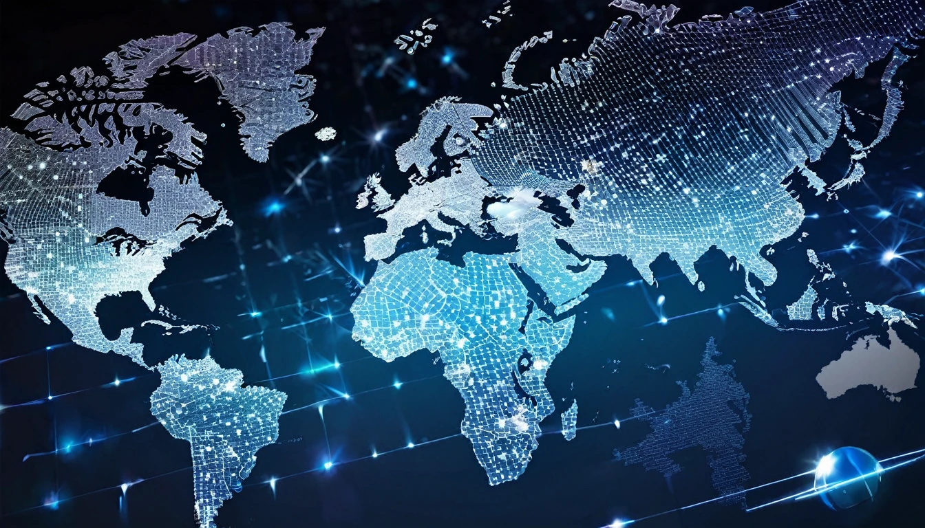 Create a background visualization in the form of a digital world map with sparkling graphs of economic growth in various countries