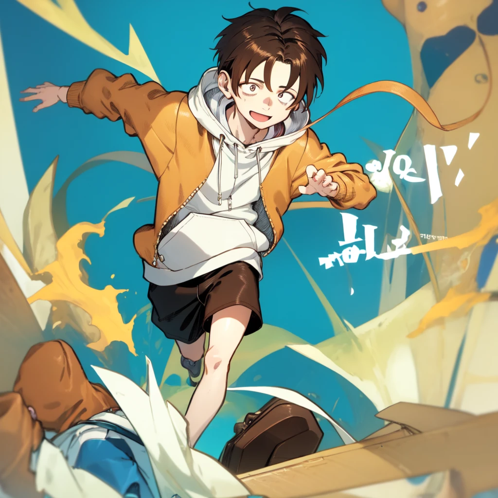 A young male character with brown hair and a white hoodie, he is smiling and wearing headphones, the background is blue, the character is in the center of the image, the image is in a cartoon style.