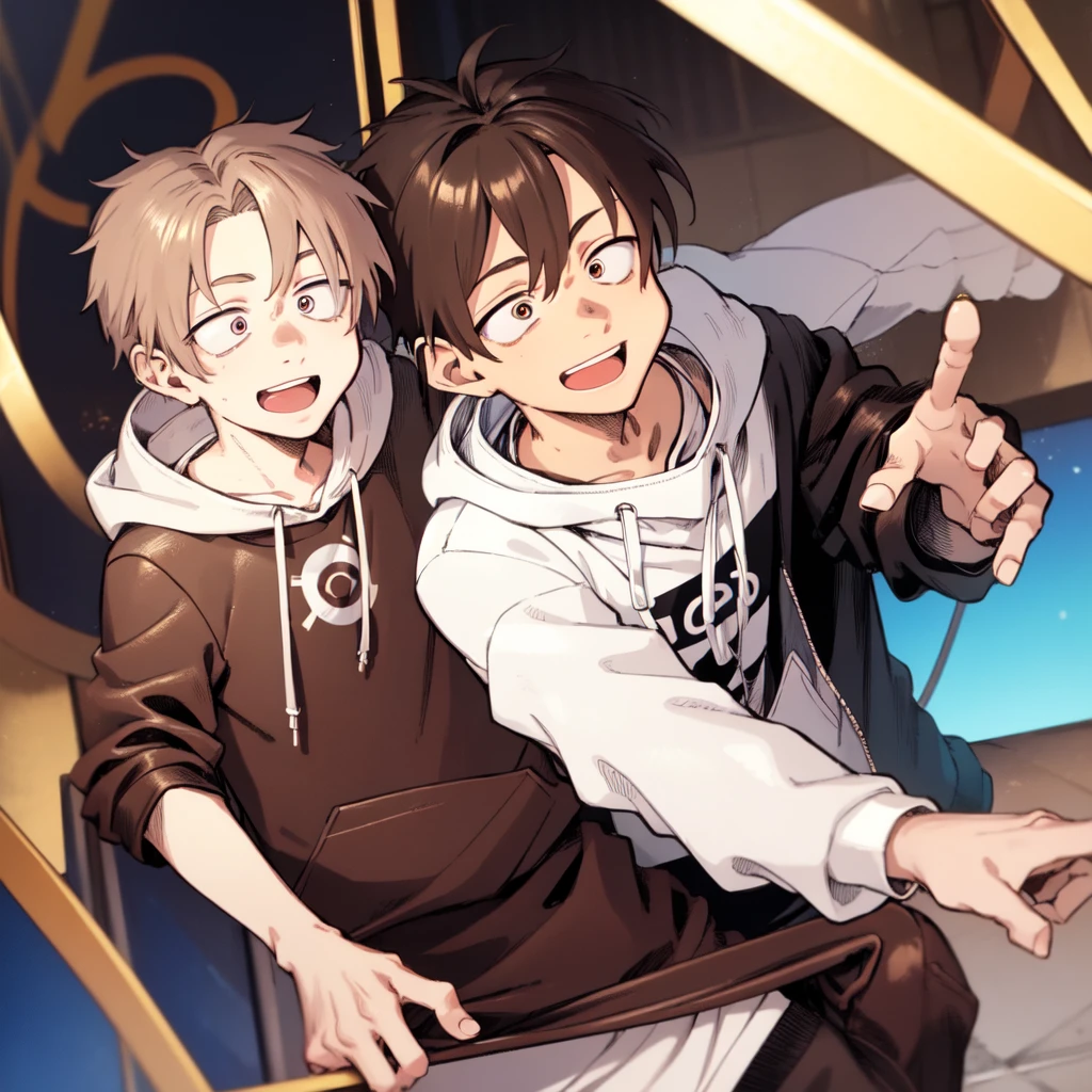 A young male character with brown hair and a white hoodie, he is smiling and wearing headphones, the background is blue, the character is in the center of the image, the image is in a cartoon style.