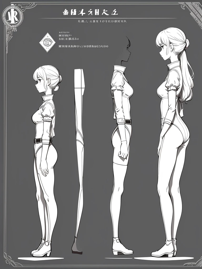 cute, standing lady, three view drawing, front and back and side,full body,simple background