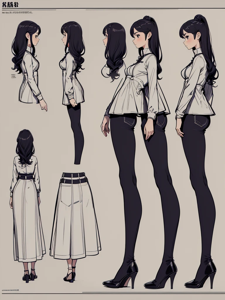 cute, standing lady, three view drawing, front and back and side,full body,simple background