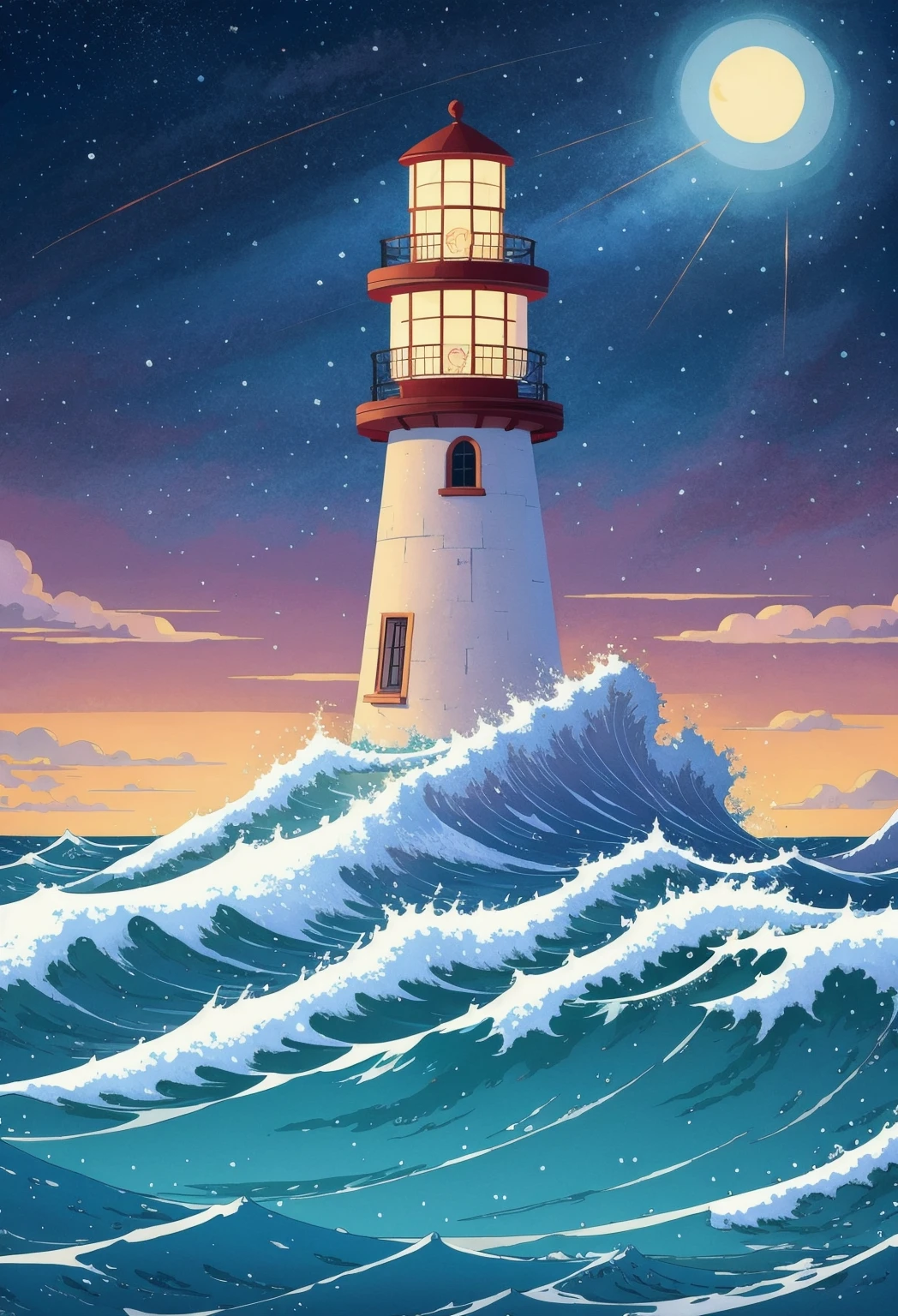Vibrant and dynamic illustrations and vectors, a picturesque 1lighthouse standing tall on a small island, detailed waves crashing on the shore,night,starry sky,shooting star, vibrant colors, dynamic composition, digital painting, Studio Ghibli-inspired, cozy lighting, whimsical atmosphere, by Junji Ito and Hayao Miyazaki, artstation trending, 4k resolution. Masterpiece.