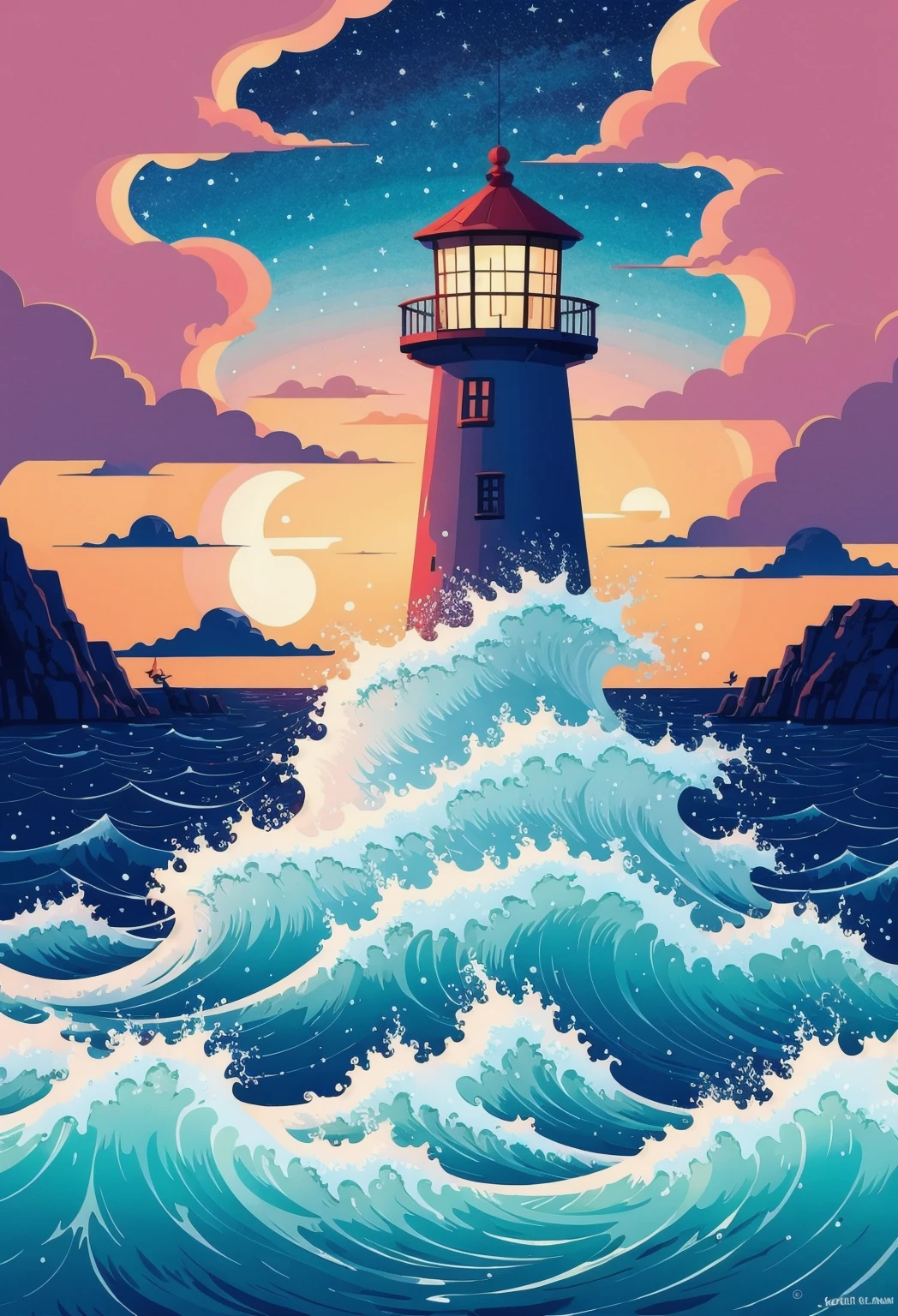 Vibrant and dynamic illustrations and vectors, a picturesque 1lighthouse standing tall on a small island, detailed waves crashing on the shore,night,starry sky,shooting star, vibrant colors, dynamic composition, digital painting, Studio Ghibli-inspired, cozy lighting, whimsical atmosphere, by Junji Ito and Hayao Miyazaki, artstation trending, 4k resolution. Masterpiece.