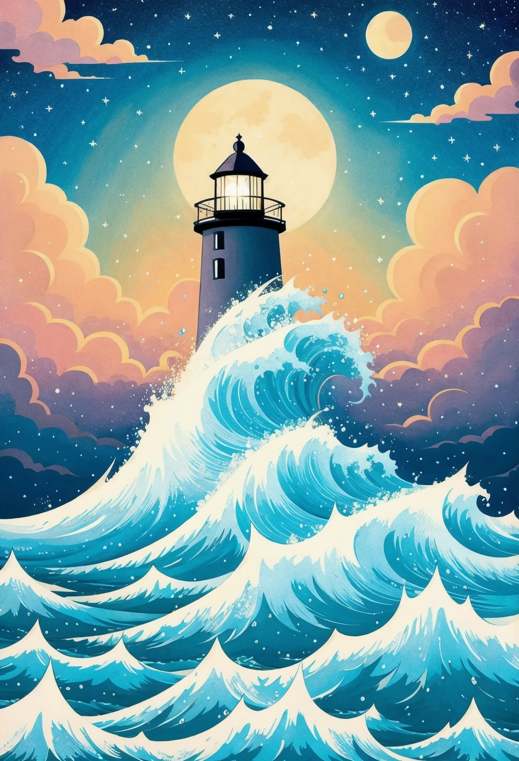 Vibrant and dynamic illustrations and vectors, a picturesque 1lighthouse standing tall on a small island, detailed waves crashing on the shore,night,starry sky,shooting star, vibrant colors, dynamic composition, digital painting, Studio Ghibli-inspired, cozy lighting, whimsical atmosphere, by Junji Ito and Hayao Miyazaki, artstation trending, 4k resolution. Masterpiece.