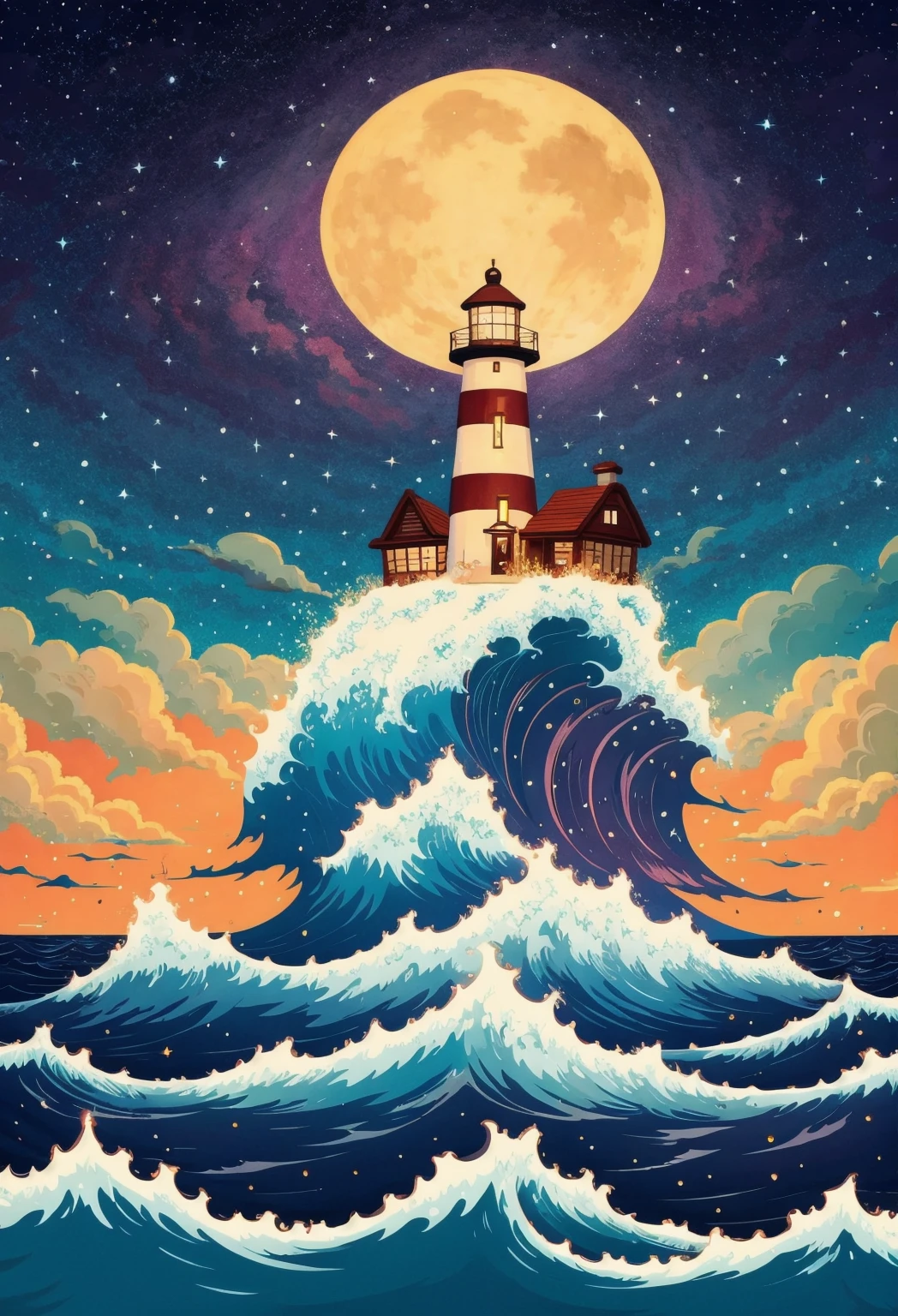 Vibrant and dynamic illustrations and vectors, a picturesque 1lighthouse standing tall on a small island, detailed waves crashing on the shore,night,starry sky,shooting star, vibrant colors, dynamic composition, digital painting, Studio Ghibli-inspired, cozy lighting, whimsical atmosphere, by Junji Ito and Hayao Miyazaki, artstation trending, 4k resolution. Masterpiece.