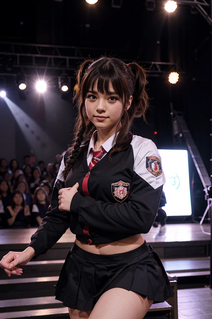 a woman wearing a seifuku, and was dancing on stage

