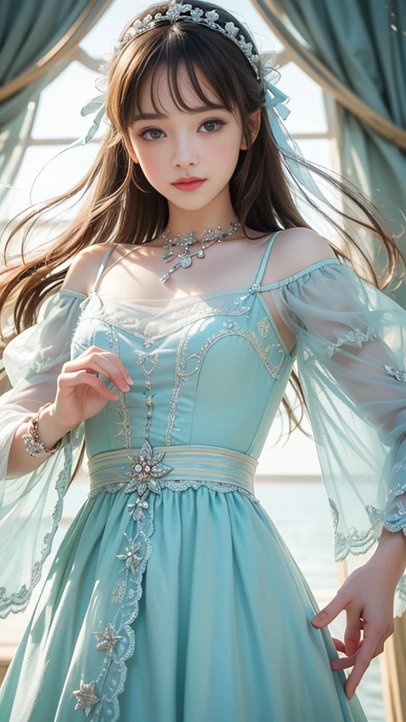 ((Very detailed, 8K, highest quality)),floating, ((A very delicate and beautiful dreamlike scene.)), (Detailed eyes and face), from below, Neck ribbon, (Little girl&#39;s small hand), Skirt that flips up,((Elegant transparent blue negligee)),sunlight, (Soft Light), (pastel colour), (Sparkling), Naked Girl, (Beautiful nudes), (Fascinating Cleavage), (Small beautiful butt),  (Transparent negligee), ((Hair flying in the wind and skirts rolling up)), I can see her panties,((Sexy Panty Shot)), (Photorealistic), (Professional Lighting), Digital SLR