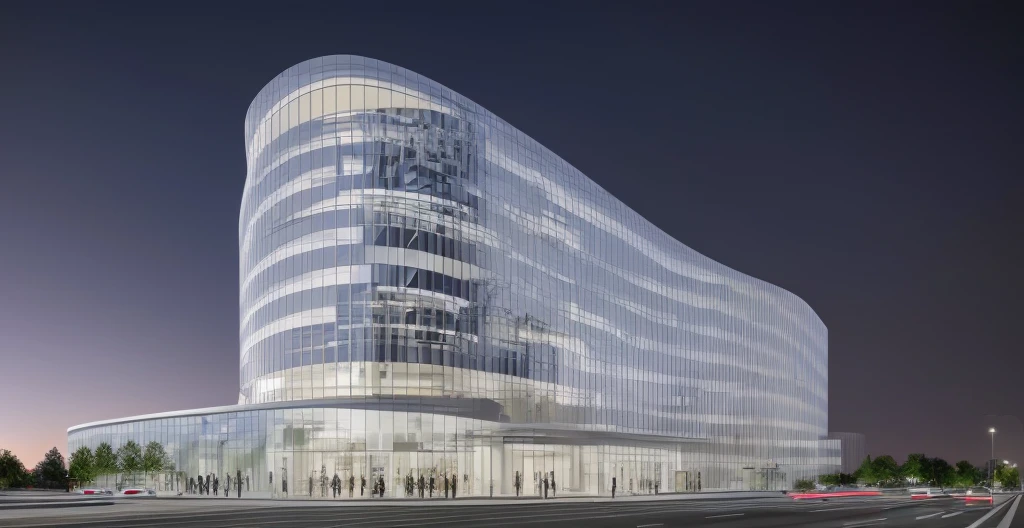 rendering of a modern office building with a curved glass facade, sharp hq rendering, sharp foccus ilustration hq, wide angle exterior 2022, architectural 3 d render, realistic building, architectural visualization, cinematic lighting, UHD, masterpiece, high details, high quality, 4K