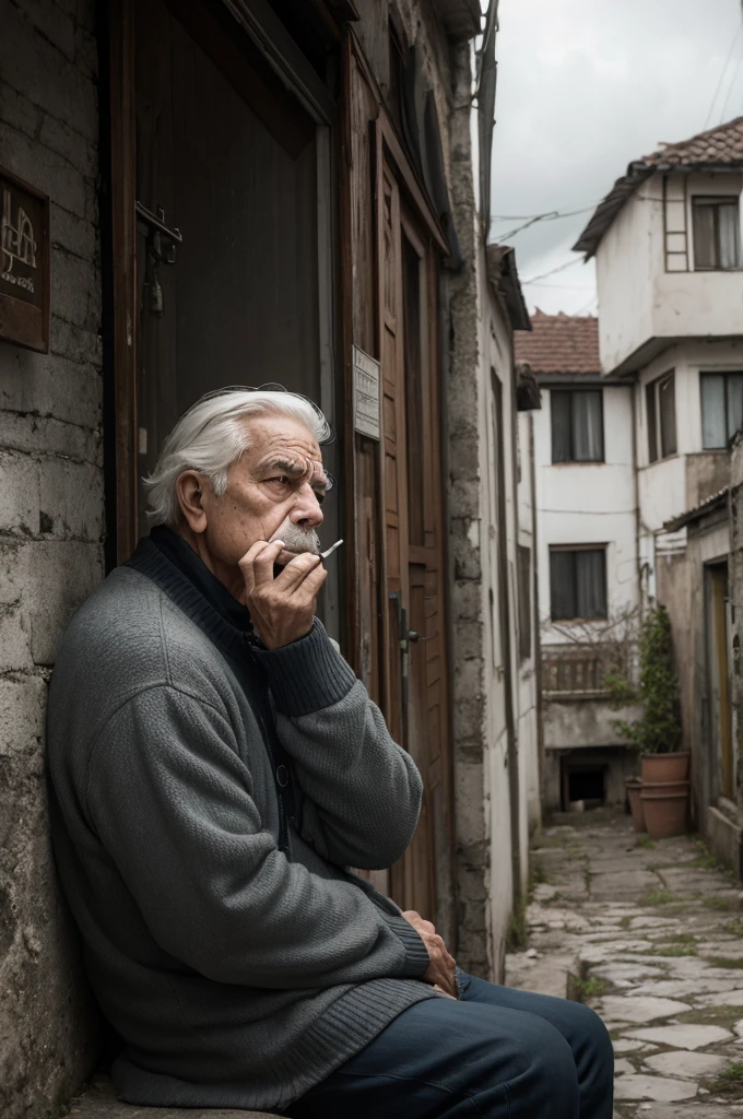 Uma imagem bem detalhada de um velho  roqueiro despojado, sitting sideways in the foreground smoking a cigarette and looking very melancholic and sad, in the background, the melancholic environment of a cloudy and cold afternoon with old houses and buildings