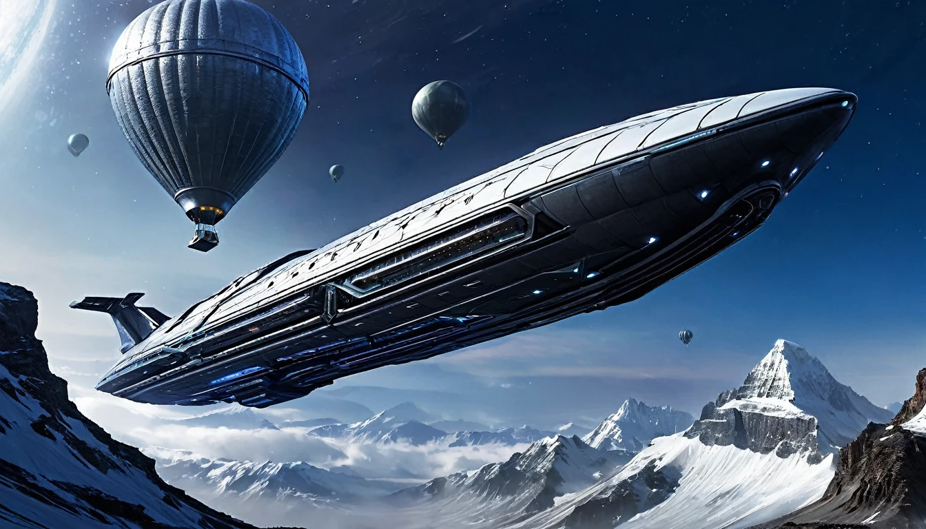 "Create a very high resolution image, Hyper-realistic and professionally lit futuristic alien spaceship. The ship must have a shape similar to that of a hot air balloon, but built with dark metal materials and metal tensioners. Incluir acentos de partes cromadas que reflejen la luz de manera espectacular. Utilizar una perspectiva forzada para enfatizar la magnitud y la velocidad de la nave. Lighting should be detailed and professional, destacando los matices del metal oscuro y el brillo de las partes cromadas. The ship will be flying above a landscape made up of icy mountains on a distant and exotic planet.. The mountains must be covered in snow and ice, y el cielo debe ser oscuro y estrellado, accentuating the alien and remote atmosphere of the environment. Forced perspective should create a sense of depth and dynamism, making the ship appear imposing and moving fast over the mountainous terrain."