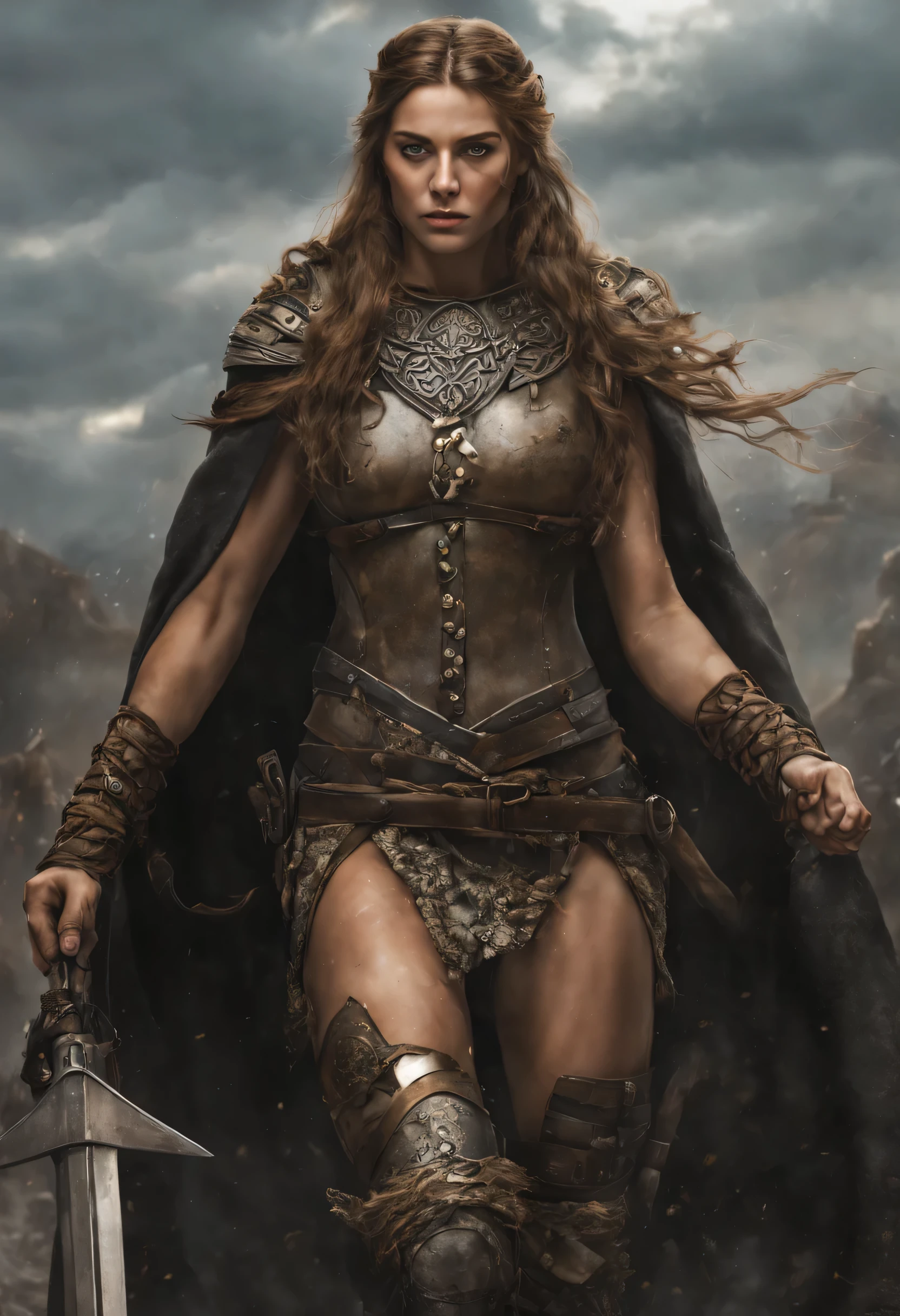 (corps entier), guerrier viking, beautiful with greenish eyes, avec ses longues tresses blondes, son casque de fer et ses sangles et protections métalliques, who reveals a dirty and torn dress with her y miniskirt, through the heat of battle, Stands in war zone dynamically walking with frowning, Éclairage de l&#39;heure d&#39;or, (détails complexes de la machine).photorealistic image,Maximum sharpness, 8k quality.(chef-d&#39;top quality work).