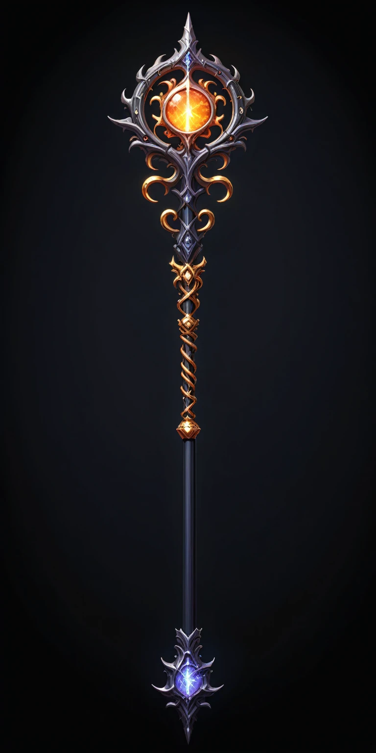 pixel art, cartoon illustration, Divine glavie greatstaff, Powerfull Magical theme, simple black background, RPG game icon