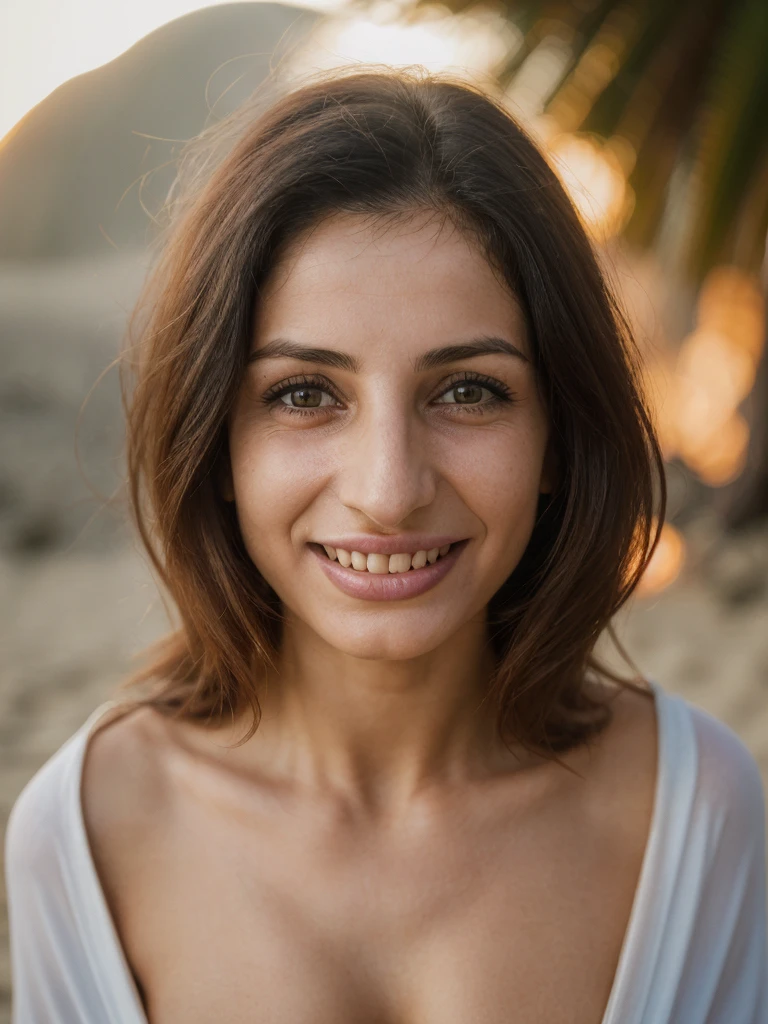 1girl, photorealistic, realistic, (ugly:1.2), ((realistic skin, wrinkles, blemishes)), (((Armenian woman, Armenian mature woman, Armenian featured))), (30 years old, 30-year-old woman, 30-year-old face, 30-year-old body), ((straight medium hair)), (((straight nose))), (green almond-shaped eyes), ((elongated face)), (((thin lips))), Let your face light up with a wide smile, crinkling your eyes at the corners and showing off your teeth. Radiate happiness and warmth, (((nudity))), (((she is fully naked))), Let your face light up with a wide smile, crinkling your eyes at the corners and showing off your teeth. Radiate happiness and warmth, (((she seductively stands beside a crackling bonfire on the beach, her silhouette flickering against the warm glow of the flames))), (((dynamic pose))), (((constant background))), (((half body shot))), (((she is wearing an open white tropical print robe revealing her naked body, she is a vision of serene beauty, a goddess of the sea and sky, forever captured in the magic of the sunset)))