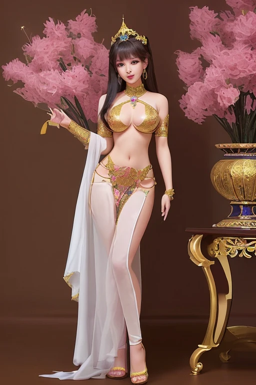 Full body picture of the most beautiful Thai woman, with a great figure, extremely detailed, beautiful girl, playful and charming.. The girl&#39;s dress was carefully sewn.,The light, gauze fabric fluttered as if dancing in the wind.. The colors are light pastel., It was reminiscent of the wild flowers that surrounded her.. The bodice is fitted with intricate embroidery and beading that catches the light..The skirt was flowing.,With the layers of fabric rustling softly as she moved..The overall result is timeless elegance and elegance..