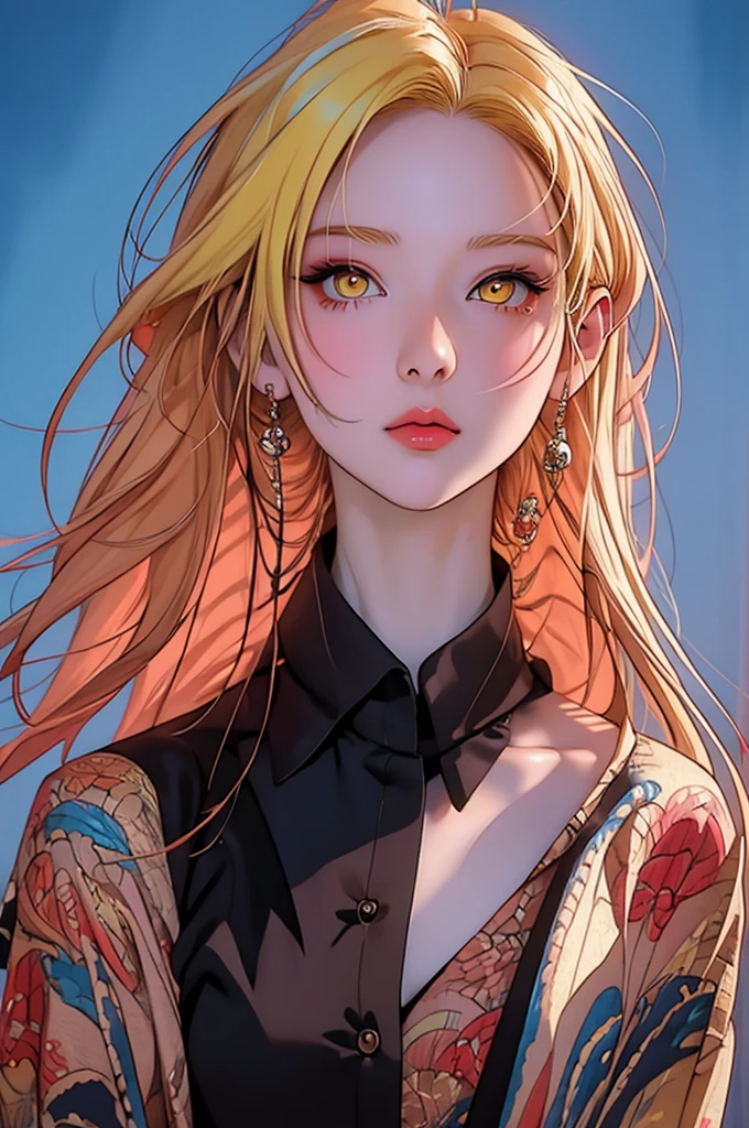 anime girl with Yellow Hair and blue eyes posing for a picture, Vector art:Kose Kanaoka, pixiv Contest Winner, Conceptual Art, Anime-style illustrations, glowing yellow face, Digital anime illustration, Stunning Anime Face Portraits, Yellow Eyes, Art Style : Ilya Kuvshinov, Beautiful and detailed anime art, Yellow Hair, Anime style portrait、Peeking through yellow curtains