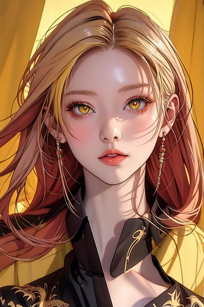 anime girl with Yellow Hair and blue eyes posing for a picture, Vector art:Kose Kanaoka, pixiv Contest Winner, Conceptual Art, Anime-style illustrations, glowing yellow face, Digital anime illustration, Stunning Anime Face Portraits, Yellow Eyes, Art Style : Ilya Kuvshinov, Beautiful and detailed anime art, Yellow Hair, Anime style portrait、Peeking through yellow curtains