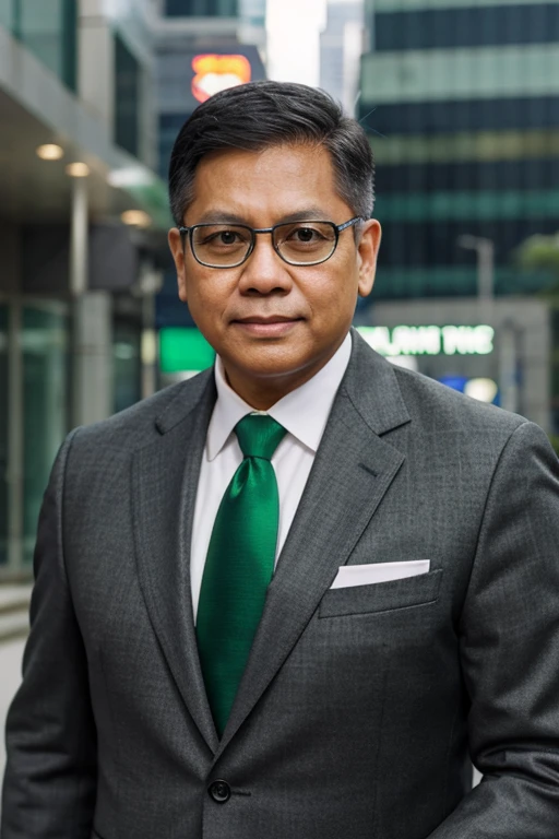 Mike Enriquez as a newscaster with eyeglasses and green necktie and gray coat