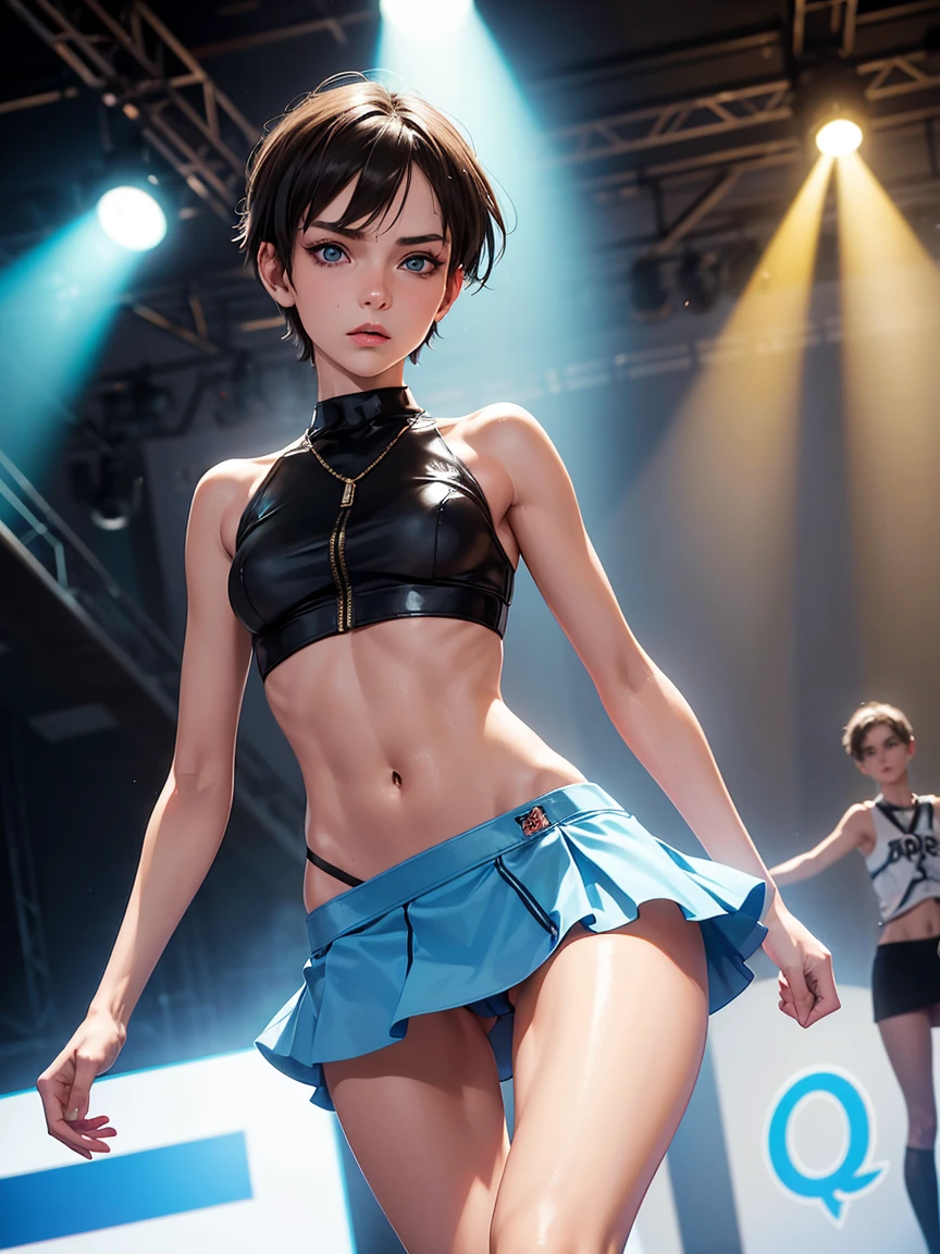 full figure, Jana novak , lanky girl, very thin, blue eyes, short brown punk hair shaved on one side long in other side, high cheekbones, pointed nose, pointed chin, pretty, androgenic face, walking on the catwalk at a fashion show fashionable. (skimpy mini skirt:1.3)