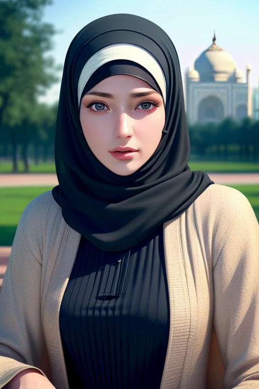 1girl, solo, beautiful face, high detailed realistic eyes, double eyelids, high detailed realistic pupils, (upon body from head to waist:1.36), (wearing hijab:1.37), (moslem headscarf:1.37), reading glasses, sitting alone on a long chair, amazing mosque park background, taj mahal, best quality, masterpiece, highres, black and white moslem female dress, Beautiful face, (upon body from head to waist:1.35), tyndall effect, photorealistic, dark studio, two tone lighting, 8k uhd, dslr, soft lighting, high quality, volumetric lighting, candid, Photograph, high resolution, 4k, 8k, Bokeh, (hyperrealistic girl), (illustration), (high resolution), (extremely detailed), (best illustration), (beautiful detailed eyes), (best quality), (ultra-detailed), (masterpiece), (wallpaper), (photorealistic), (natural light), (rim lighting), (detailed face), (high detailed realistic skin face texture), (anatomically correct), (heterochromic eyes), (detailed eyes), (sparkling eyes), (dynamic pose), (hair completely covered by the hijab:1.35), looking to viewer