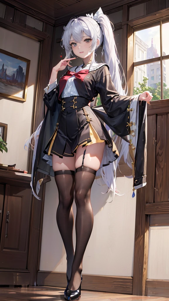 (((Masterpiece,Best quality,offcial art,Extremely detailed Cg Unity 8K wallpaper))) ,(Masterpiece:1.2, Best quality), (((Best quality))),(((Ultra detailed))),(((Masterpiece))),illustration, 1girll,Chinese, Slim figure,Students,indoor,Beautifully detailed eyes,Messy hair, flipped hair,hair glowing,angle of view,Black eyes,,White school uniform,Perfect feet,uwabaki,Small waist,Side ponytail,blackstockings