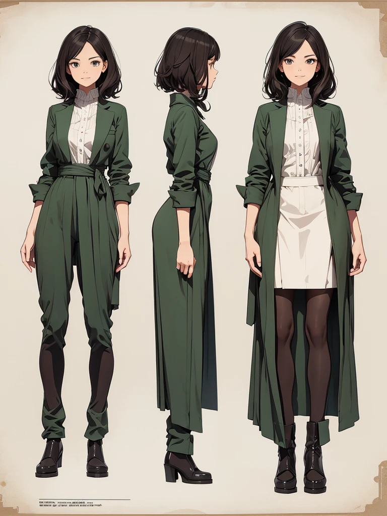 cute, standing lady, three view drawing, front and back and side,full body,simple background