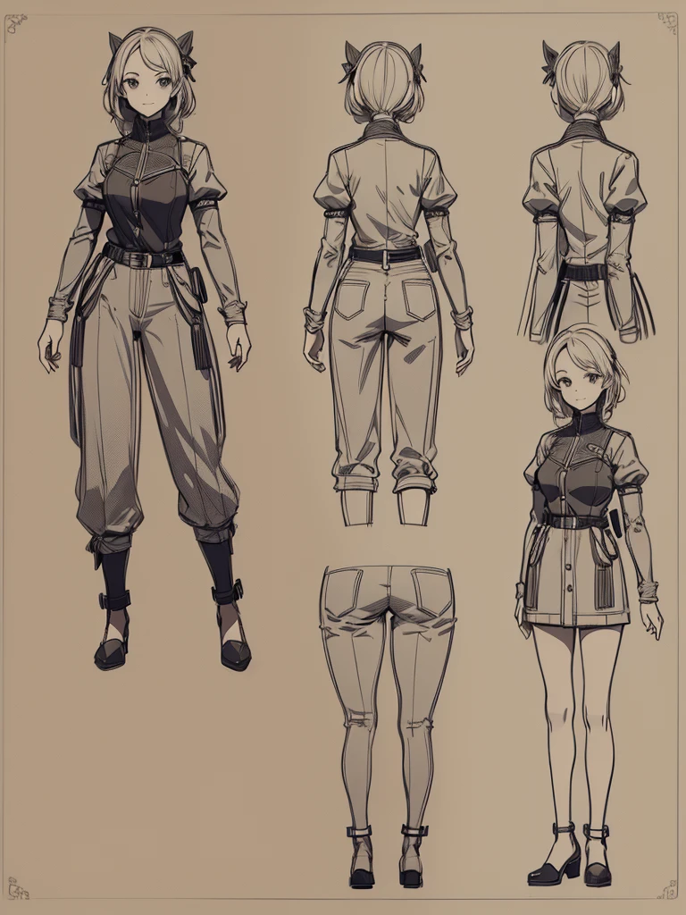 cute, standing lady, three view drawing, front and back and side,full body,simple background