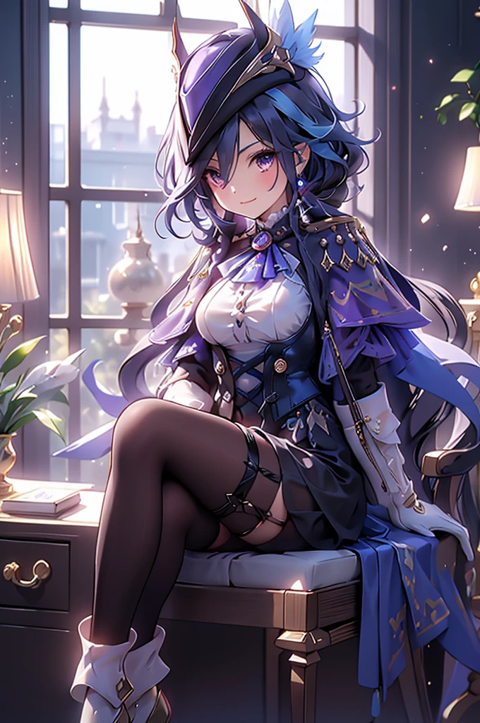 Side Angle、Cross your arms、Fearless smile、clorinde \(genshin impact\),1girl,solo,purple eyes,hat feather,tricorne,white gloves,low ponytail,blue cape,blue hair,epaulettes,black pantyhose,ascot,breasts,black skirt,corset,blue headwear,boots,leg garter,black corset,shirt,earrings,high heels,Sit in a chair in the office、Luxurious Western-style interior