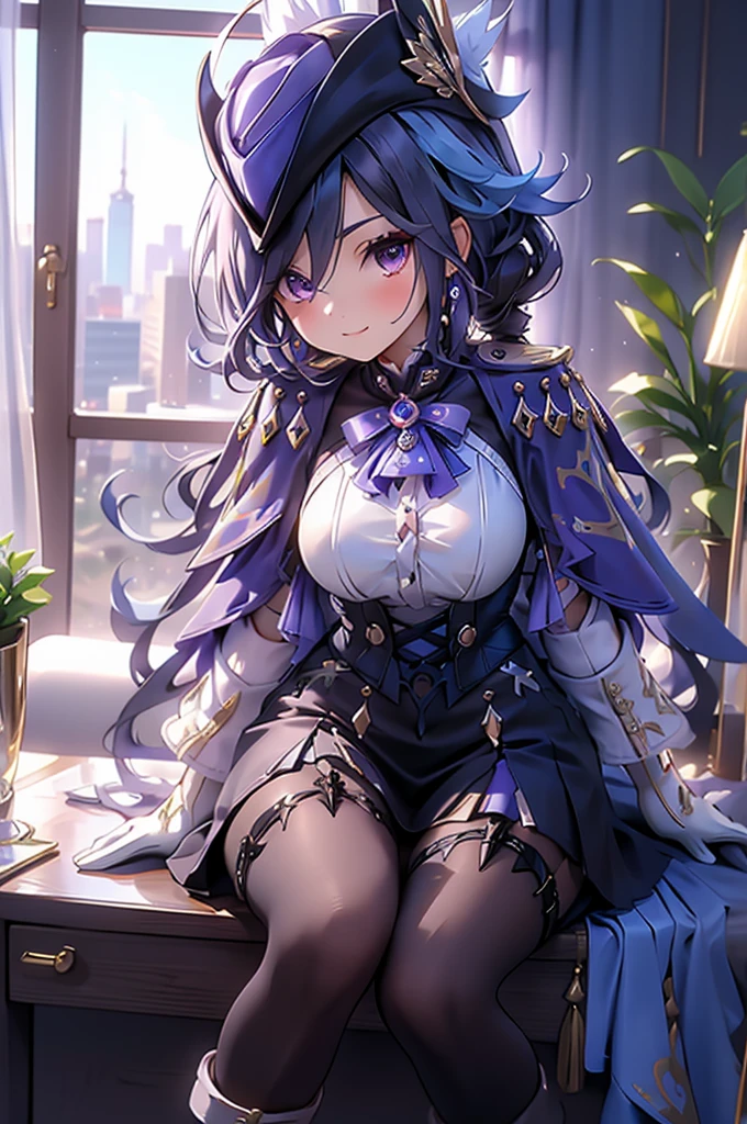 Side Angle、Cross your arms、Fearless smile、clorinde \(genshin impact\),1girl,solo,purple eyes,hat feather,tricorne,white gloves,low ponytail,blue cape,blue hair,epaulettes,black pantyhose,ascot,breasts,black skirt,corset,blue headwear,boots,leg garter,black corset,shirt,earrings,high heels,Sit in a chair in the office、Luxurious Western-style interior