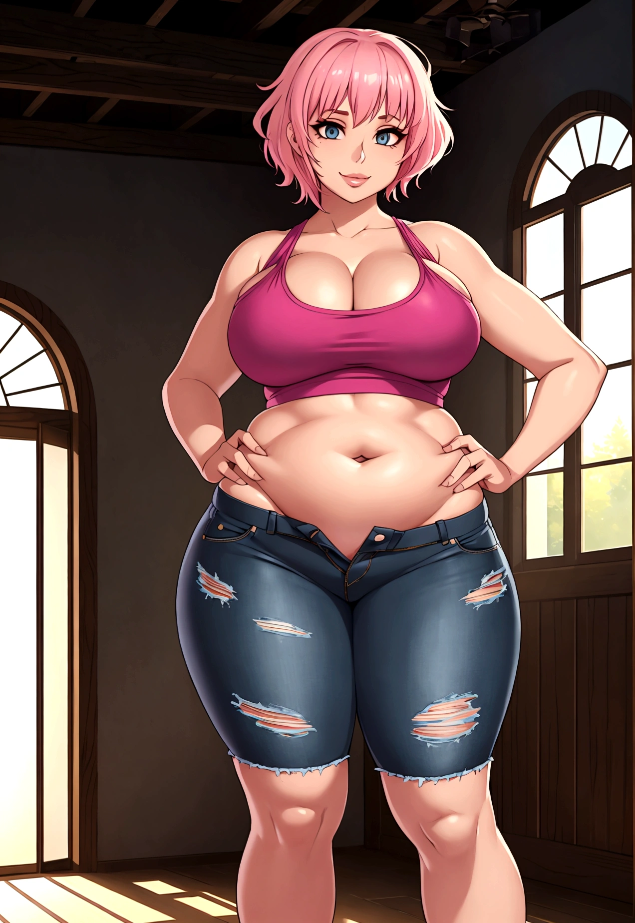 ((high aesthetic)), absurdres, absurd resolution, highly rated, highres, art by kipteitei, high resolution, best quality, masterpiece, full body, (facing viewer), 1girl, ((solo)), indoors, clothed, perfect face, perfect eyes, neneneji, tight outfit, smile, natural skin texture, 4k textures, hdr, intricate, highly detailed, puffy lips, thick lips, hyperdetailed, mature female, Pink hair, short hair, wavy, black crop top, jean shorts, skinny