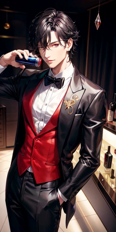A man with black tuxedo,wearing a necklace, wearing a earrings,and red eyes,holding a parfum,the bottle parfume made in crystal,in parfume store,realistic anime