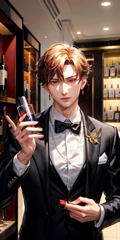 A man with black tuxedo,wearing a necklace, wearing a earrings,and red eyes,holding a parfum,the bottle parfume made in crystal,in parfume store,realistic anime