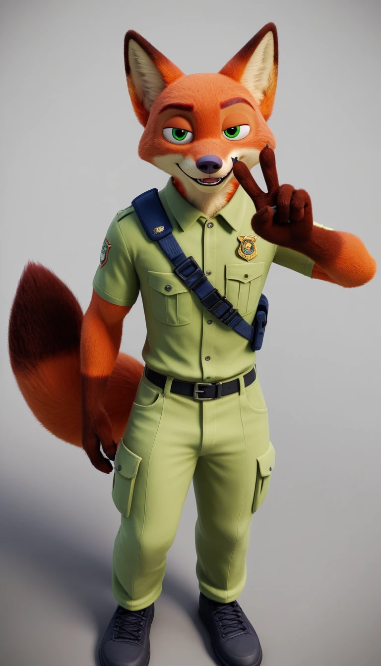 score_9, score_8_up, score_7_up, rating_safe,source_furry,anthro,source_3D, nick wilde male muscular fox (fursuit version) looking at the viewer a gesture of peace and love (standard film uniform) (ultra realistic almost looking like a human being) (green eyes)