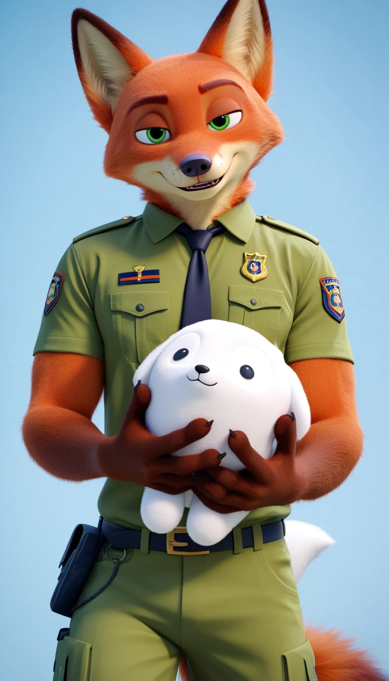 score_9, score_8_up, score_7_up, rating_safe,source_furry,anthro,source_3D, nick wilde male muscular fox (fursuit version) looking at the viewer a gesture of peace and love (standard film uniform) (ultra realistic almost looking like a human being) (green eyes)