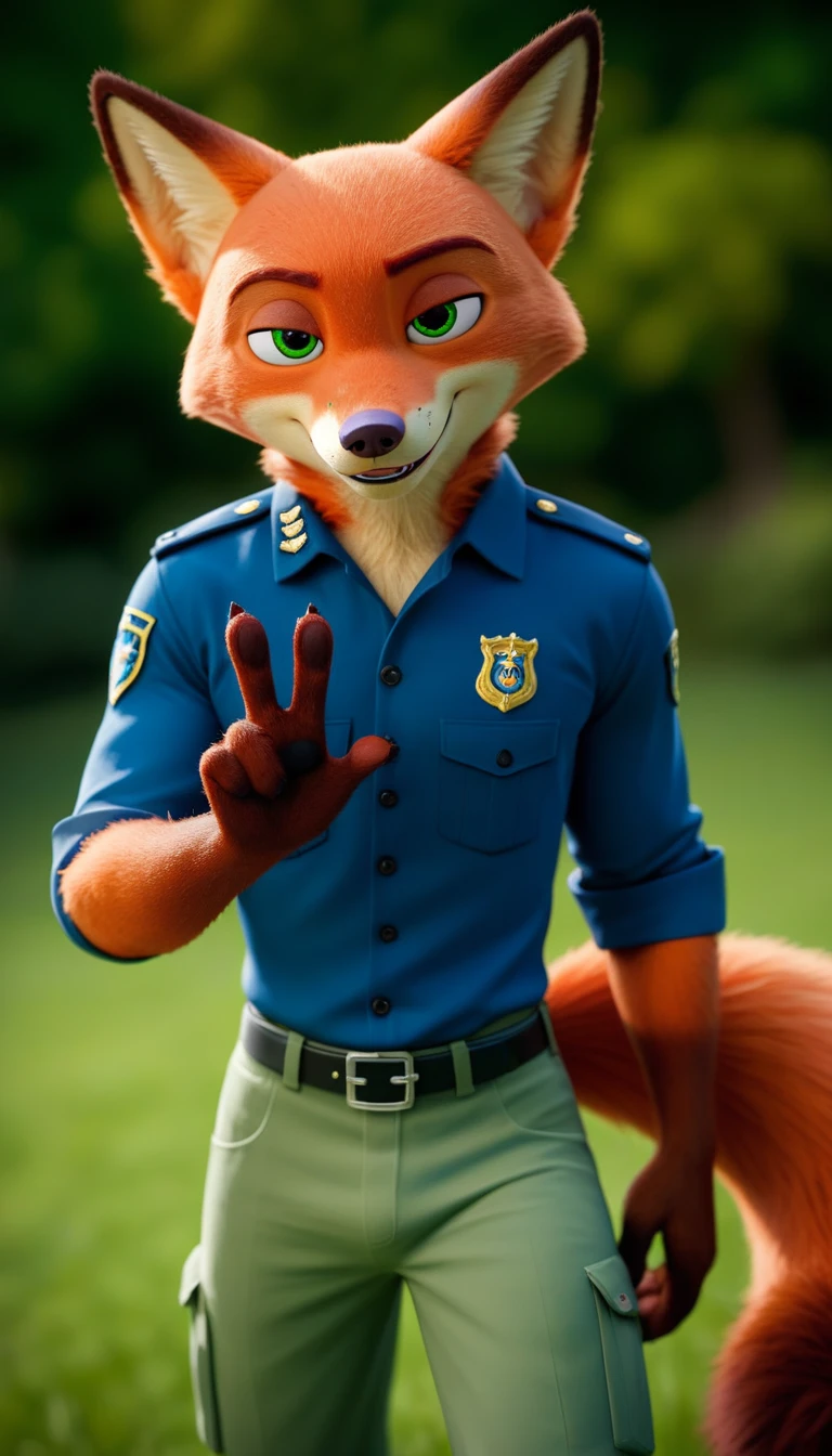 score_9, score_8_up, score_7_up, rating_safe,source_furry,anthro,source_3D, nick wilde male muscular fox (fursuit version) looking at the viewer a gesture of peace and love (standard film uniform) (ultra realistic almost looking like a human being) (green eyes)