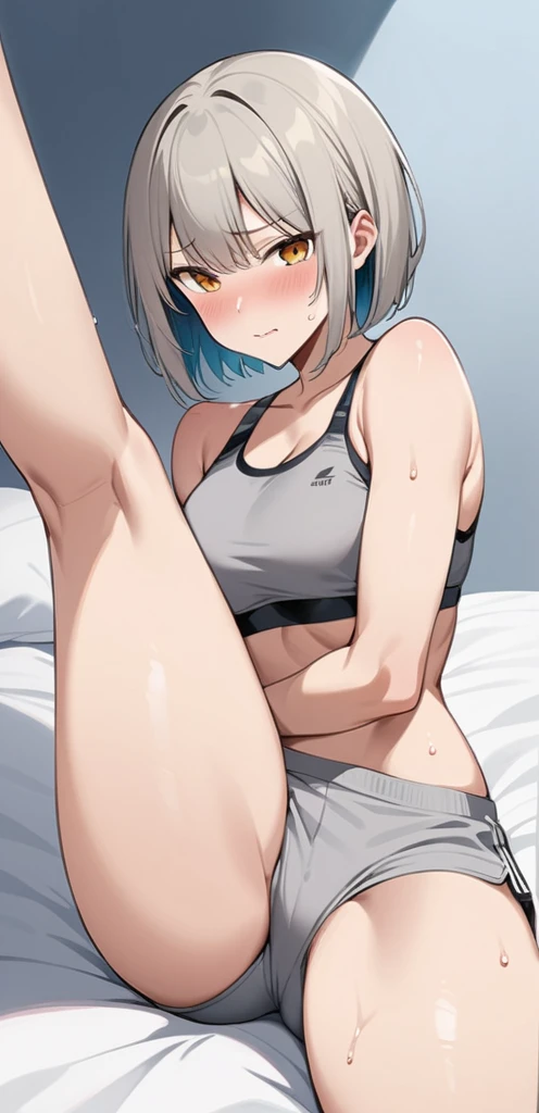 ((8K resolution))、((highest quality))、((masterpiece))、((Very detailed))、 (Anatomically correct)、((theme、whole body:1.1)), one person、girl、blush、Embarrassed laugh、Sweat、(Slim but muscular body,Toned arms, length, Thin legs,),((hair:Short Bob、Inner Color)),(Grey sports bra、gray sports shorts)、(bed、Spread your legs)