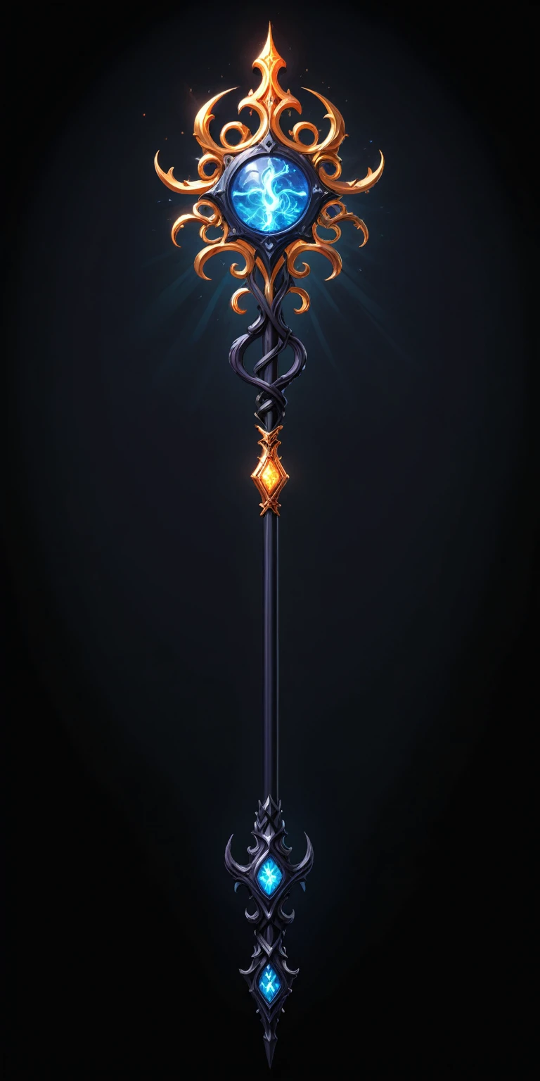 pixel art, cartoon illustration, Divine glavie greatstaff, Powerfull Magical theme, simple black background, RPG game icon