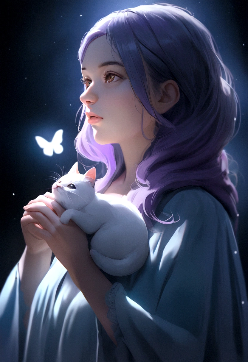 detail, Realism, 4K, Beautuful Women, facial detailing, big eyes with brown eyes, Plump lips, Upturned nose, Purple hair and gray hair, Wearing a light blue dress, Cat in his hands, Blue moonlight background, White butterfly in the foreground, Realistic shooting, depth of fields, Soft front light, Glow, nffsw ，（zoomout：1.8），medium shot，(PastelColors: 1.2), Canon RF 100mm f2.8L Hiroshi IS USM