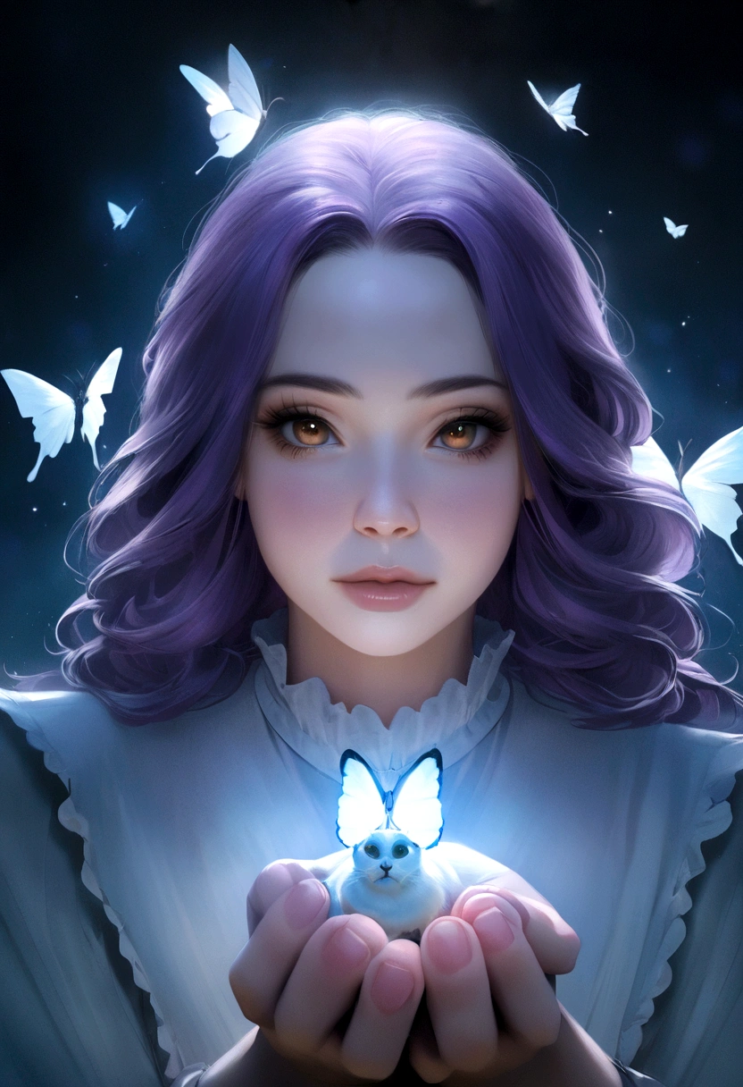 detail, Realism, 4K, Beautuful Women, facial detailing, big eyes with brown eyes, Plump lips, Upturned nose, Purple hair and gray hair, Wearing a light blue dress, Cat in his hands, Blue moonlight background, White butterfly in the foreground, Realistic shooting, depth of fields, Soft front light, Glow, nffsw ,(zoomout:1.8),medium shot,(PastelColors: 1.2), Canon RF 100mm f2.8L Hiroshi IS USM