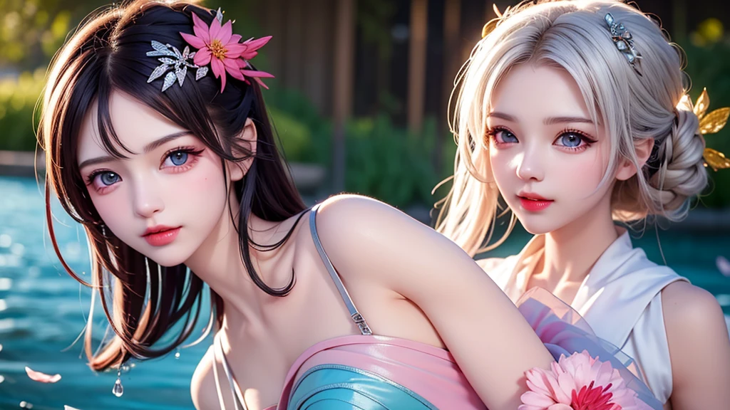 8k, RAW photos: 1.2), highest quality, ultra high resolution, (pink petals fluttering), (illustration), (1 girl))), (short hair, bob), (transparent white sheer sleeveless dress, mini skirt)), (silver hair, blue eyes) beautiful face, (bright lip gloss, long eyelashes, smooth) face, bright skin, natural shadows, wide light, depth of fieldStrong color, subtle caustics: 0.8), smile, (big), (rain: 0.9), Hanazono behind the girl, (focus), (standing on the surface of the water)), (color splash), colorful splash, ((colorful))), (sketch: 0.8), masterpiece, best quality, beautifully painted, highly detailed, (denoise: 0.6), splash ink, (((ink refraction)), ( (Masterpiece, Best Quality, Highly Detailed), Highly Detailed, (Masterpiece, Best Quality, Highly Detailed) CG Unity 8k Wallpaper, Masterpiece, Best Quality, Ultra Detailed, (Lycoris radiata)