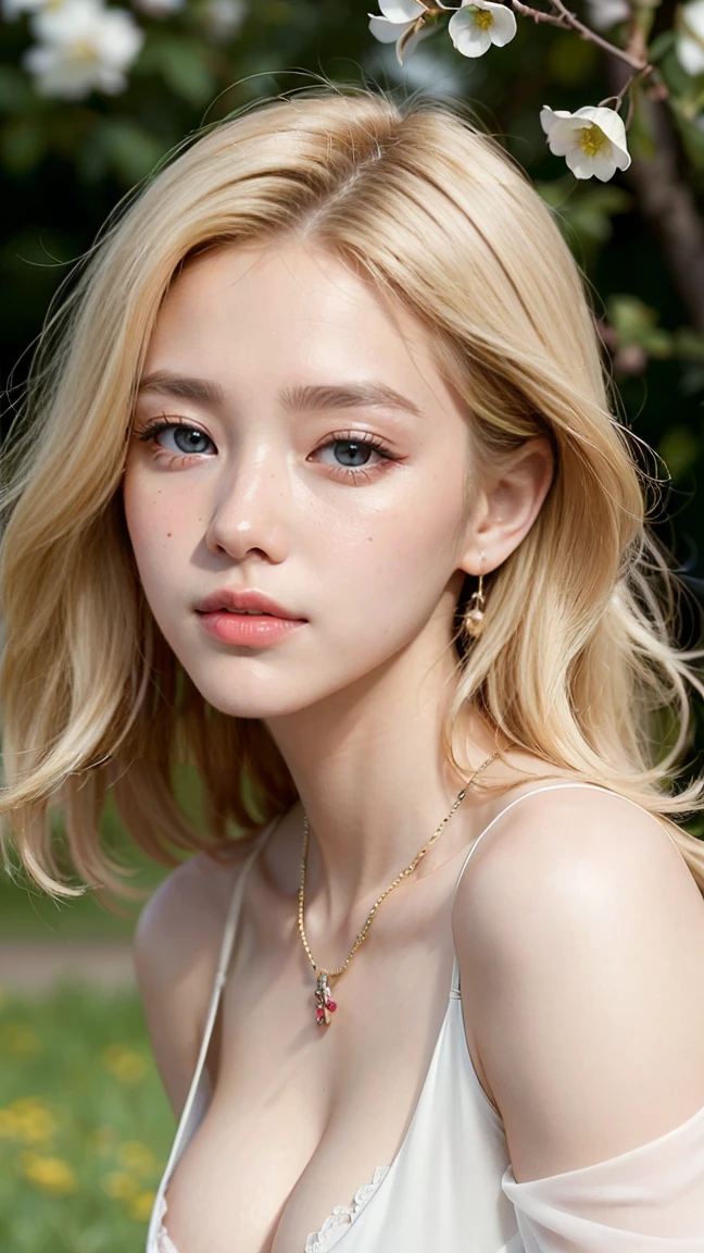 ((highest quality, 8k, masterpiece :1.3)), Sharp focus :1.2, Beautiful woman with perfect figure :1.4, Slim Abs :1.2, ((Big Breasts, Emphasize cleavage:1.3)), (Photorealistic:1.4), (realistic:1.4), Highly detailed face and skin texture, Fine grain, double eyelid. Makeup face. A little bit of lipstick, necklace, Earrings, sex appeal, Sexy gravure pose, ((A beautiful blonde woman in a feminine white dress、Gazing at the flowers in the spring park。She has a gentle smile。:1.3)