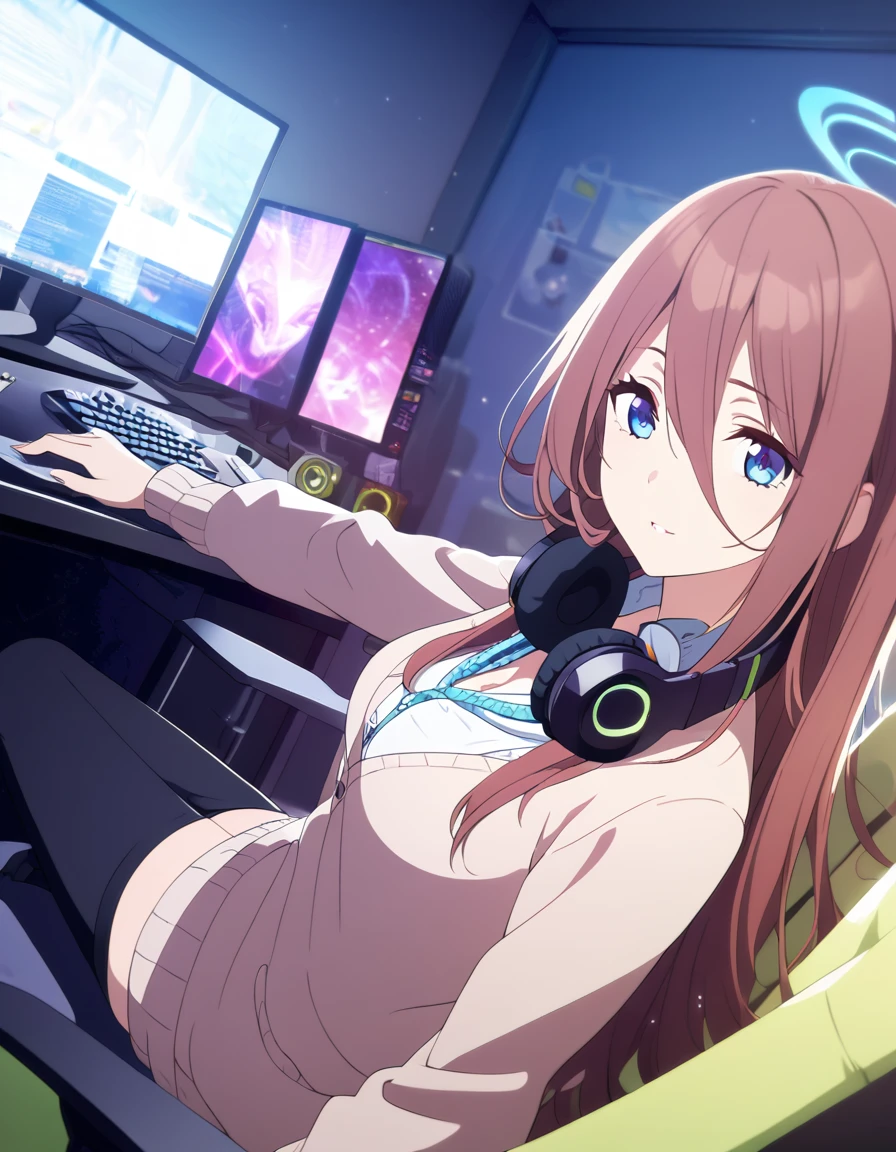 (A girl lounging in her bedroom), (a PC monitor turned on, a gaming chair), (a cluttered room), (fetal position),  (perfect face),  Sparkling, (masterpiece, best quality), (absurdres absolutely resolution), (8k), (detailed illustration), (super fine illustration), (professional lighting), (vivid color), detailed beatiful face, detailed beatiful eyes, detailed beatiful hair, perfect body, perfect hands, dynamic pose, dutch angle}, , looking at viewer, miku nakano, long hair, bangs, blue eyes, brown hair, shirt, hair between eyes, cardigan, headphones around neck, mature female,  medium breasts