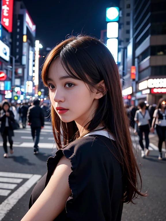 One girl, Tokyo Street,night, Cityscape,City lights, Upper Body,close, 8k, RAW Photos, highest quality, masterpiece,Realistic, photo-Realistic,