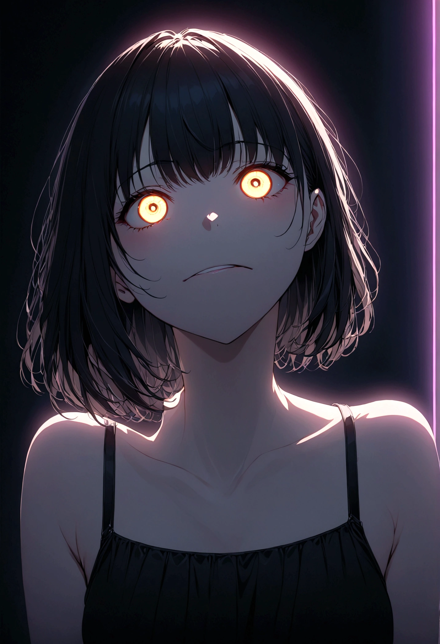 detailed, (masterpiece:1.2), (pale_skin:1.2), (alone:1.2), (woman), thin, (Shine_eye), Long Hair, bangs, Black Hair, Outdoor, No sleeve, black eye,、eyeの間の毛、Naughty look、mocking expression、eyeが光る、short hair、indoor、Neon lighting、indirect lighting、上eye遣いでこちらを見ている、Smiling face、Grin、The best smile、Scary smile