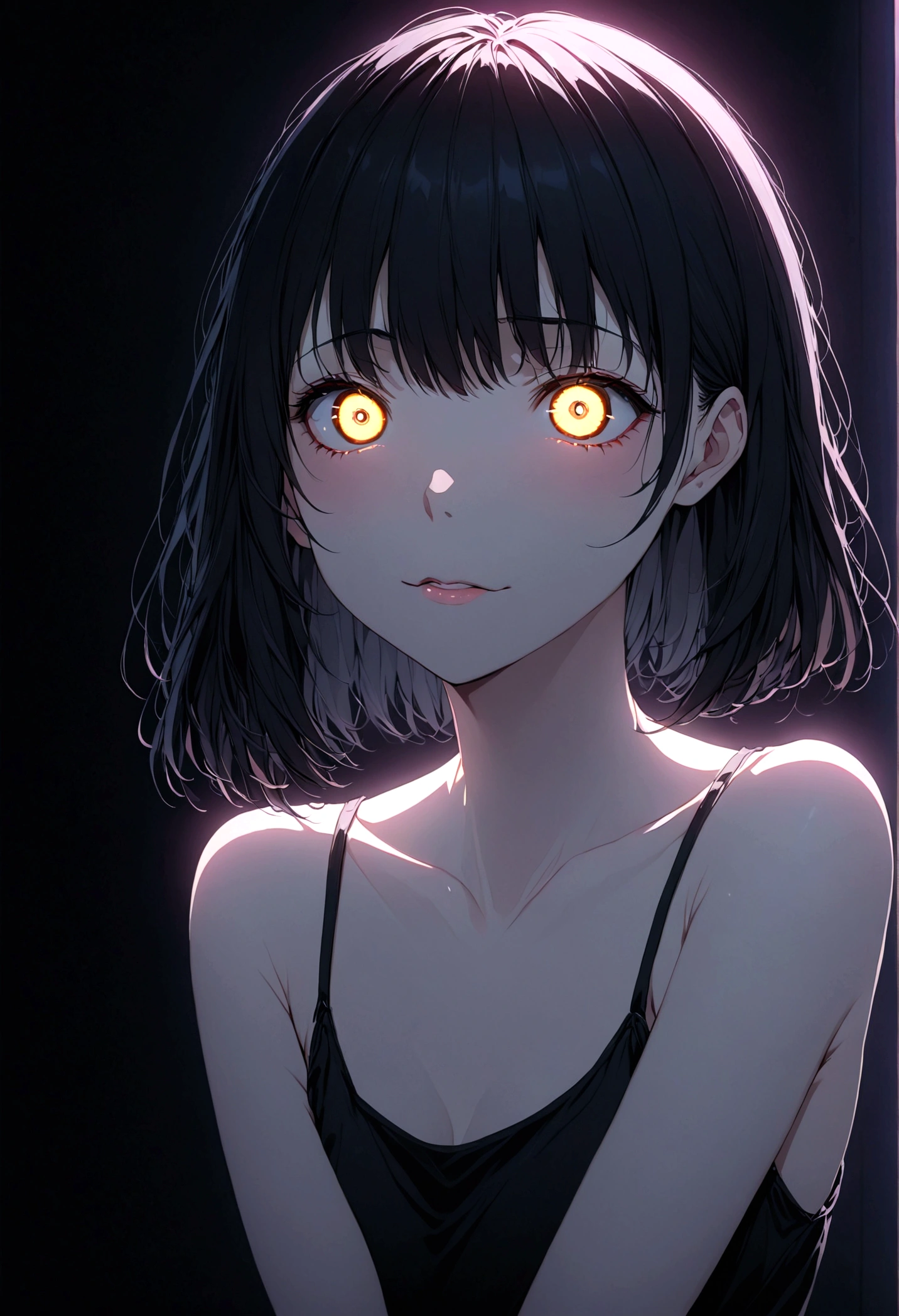 detailed, (masterpiece:1.2), (pale_skin:1.2), (alone:1.2), (woman), thin, (Shine_eye), Long Hair, bangs, Black Hair, Outdoor, No sleeve, black eye,、eyeの間の毛、Naughty look、mocking expression、eyeが光る、short hair、indoor、Neon lighting、indirect lighting、上eye遣いでこちらを見ている、Smiling face、Grin、The best smile、Scary smile