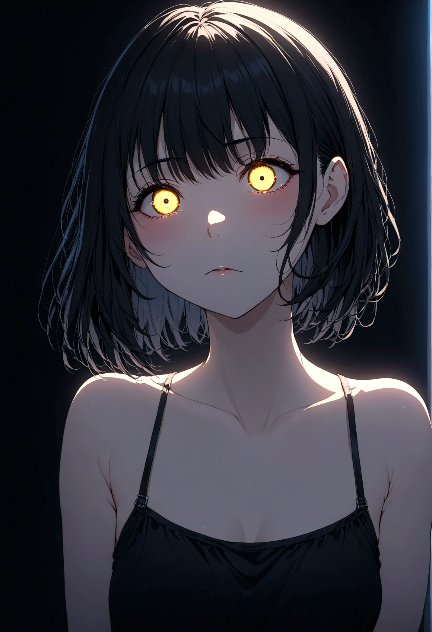 detailed, (masterpiece:1.2), (pale_skin:1.2), (alone:1.2), (woman), thin, (Shine_eye), Long Hair, bangs, Black Hair, Outdoor, No sleeve, black eye,、eyeの間の毛、Naughty look、mocking expression、eyeが光る、short hair、indoor、Neon lighting、indirect lighting、上eye遣いでこちらを見ている、Smiling face、Grin