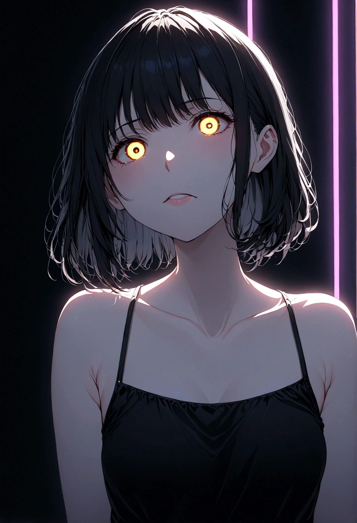 detailed, (masterpiece:1.2), (pale_skin:1.2), (alone:1.2), (woman), thin, (Shine_eye), Long Hair, bangs, Black Hair, Outdoor, No sleeve, black eye,、eyeの間の毛、Naughty look、mocking expression、eyeが光る、short hair、indoor、Neon lighting、indirect lighting、上eye遣いでこちらを見ている、Smiling face、Grin