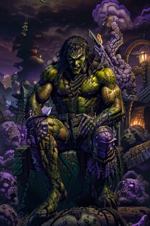 (Male of Caucasian origin).A ((muscular:1.3)) ((green skin:1.2)) ((zombie)), (missing left eye), long brown (dreadlocks), (rotting flesh), purple headband, barbarian (spikearmor:1.25), (purple shorts), boots, ((cigarillo in his mouth)) with massive clouds of purple smoke. smoke coming out of the left eye socket. Stoner.