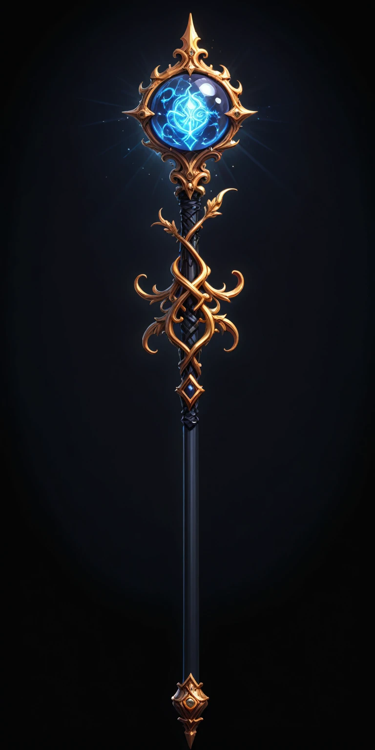 pixel art, cartoon illustration, Divine glavie greatstaff, Powerfull Magical theme, simple black background, RPG game icon