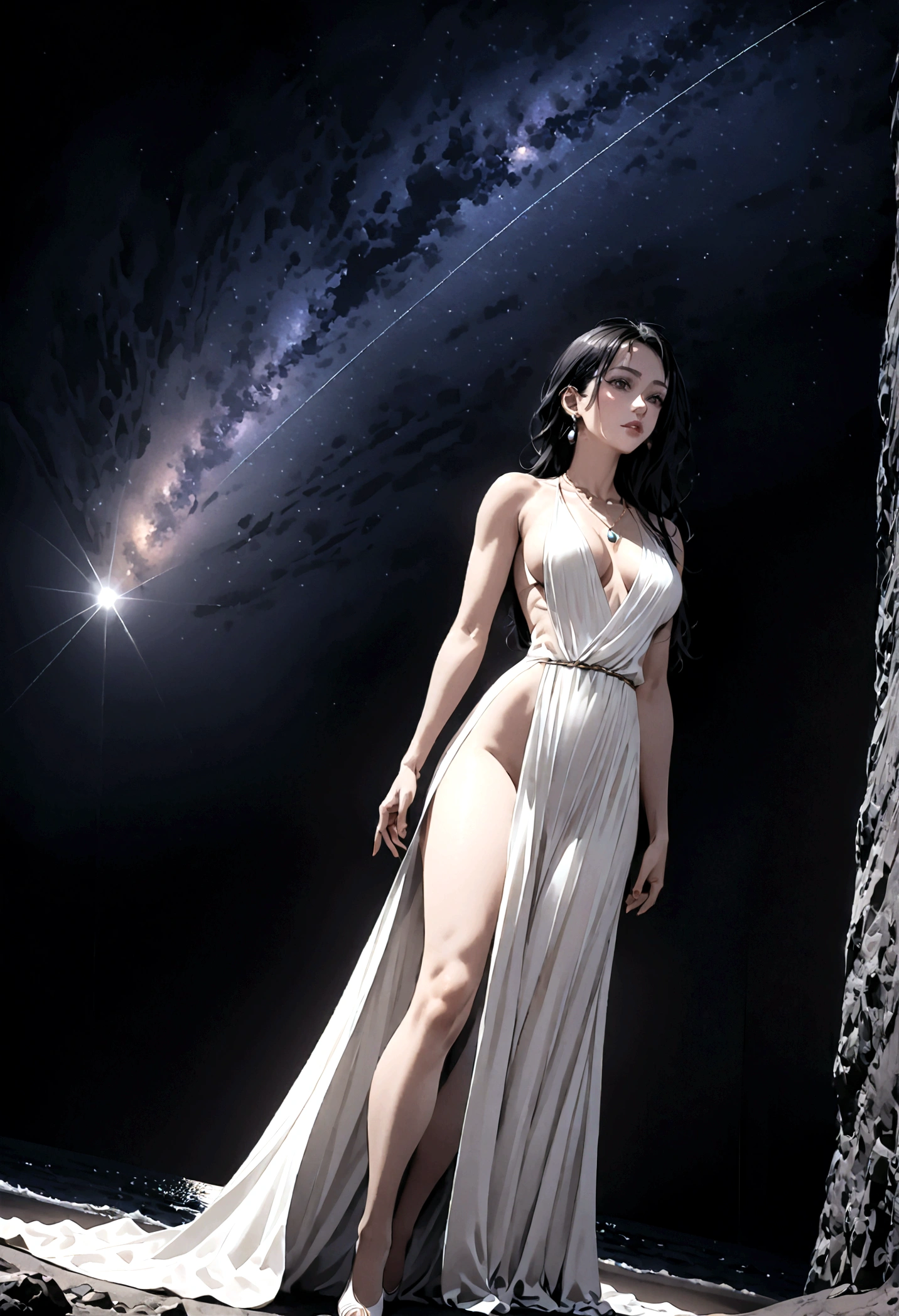 8k, masterpiece, RAW Photos, highest quality, Realistic, Very detailed, Depth of written boundary, Cinematic Light, Anatomically correct body, 
An elegant beautiful mature woman, Very beautiful face, Exquisitely detailed face, (Goddess-like deity々Beautiful:1.4), Very sensitive skin, Transparent muscle, Shiny white skin, Glamorous Body, 
(Wavy black long hair:1.2),  ,  , 
(A pure white slit draped dress like a goddess:1.4), (Detailed cloth texture:1.2), (Gorgeous necklace:1.1), (Gorgeous earrings:1.1), 
(Dark starry background:1.4), (Milky Way:1.1), (milky way:1.1), (shooting star:1.1), (Dark coastline at night:1.4), (Pitch black sea surface:1.4), 
(Low angle shot:1.8), 