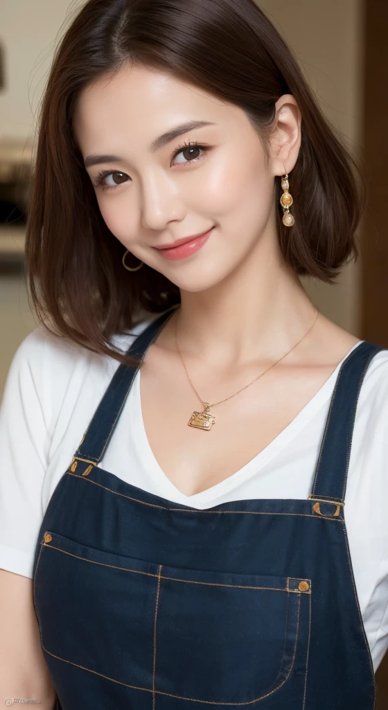 (highest quality, 8k, masterpiece: 1.3), Beautiful woman with perfect figure: 1.4, Dark brown hair, Wearing a pendant, Wearing an apron, In the kitchen, Highly detailed face and skin, Fine grain, double eyelid, Big Breasts, smile